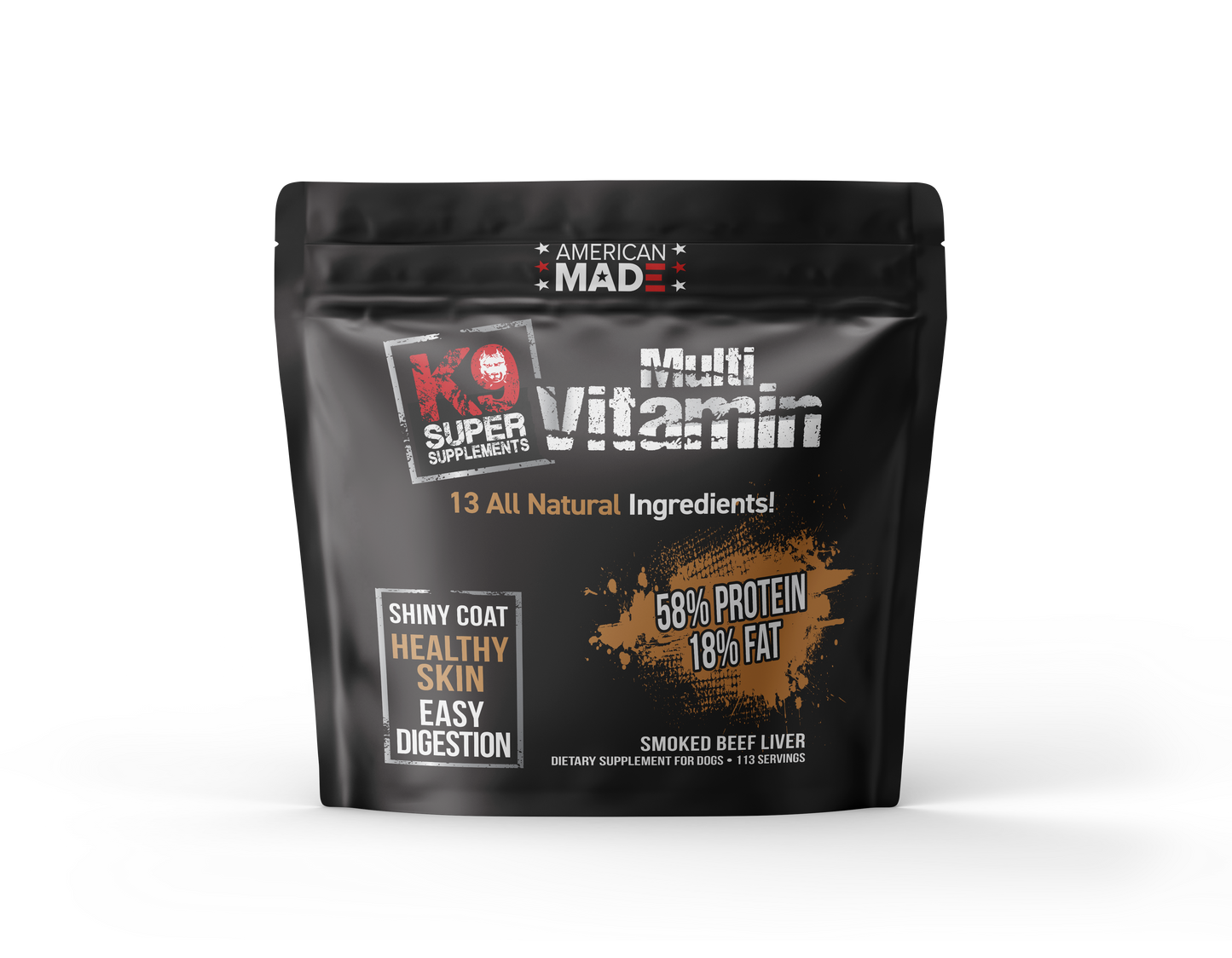 The K9 Super Supplements Daily Multivitamin, a whole-food formula with a smoked beef brisket flavor designed for picky eaters and total wellness.