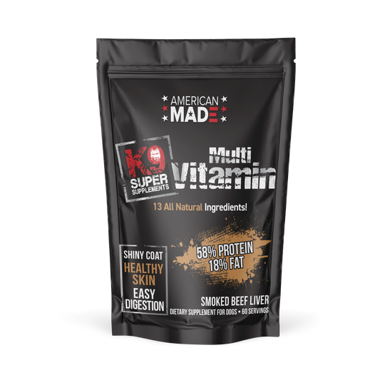 The K9 Super Supplements Daily Multivitamin, a whole-food formula with a smoked beef brisket flavor designed for picky eaters and total wellness.