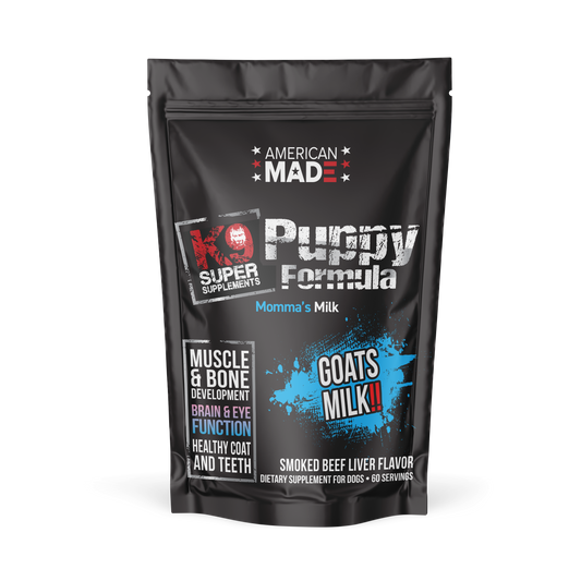 he K9 Super Supplements Puppy Formula, a complete supplement for puppies designed to support healthy growth, immunity, and overall development.