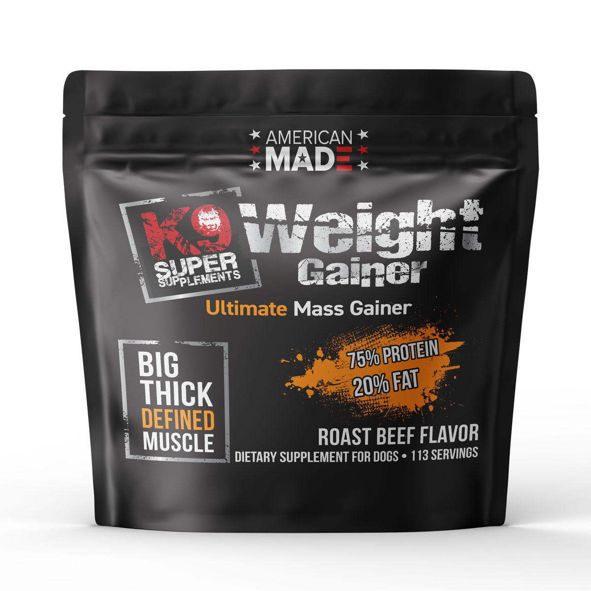 he 5lb bag of K9 Super Supplements Weight Gainer, a high-protein supplement for building muscle in dogs.