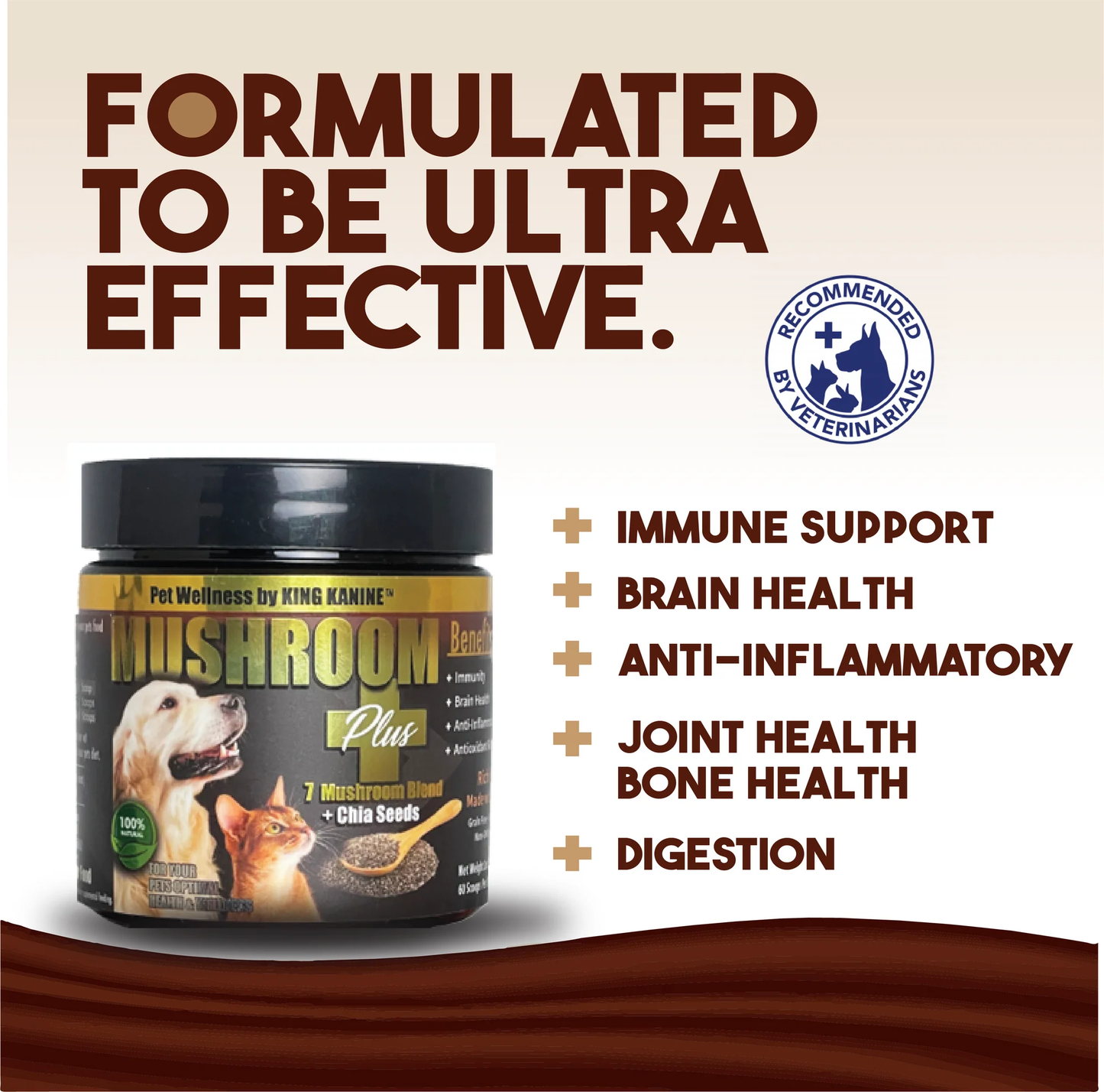 Dog supplement jar with text highlighting benefits on a beige background