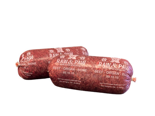 A case of 6 x 5lb frozen chubs of Raw & Paw Naturals' Beef & Organ 80/10/10 raw dog food, ready for bulk shipping.