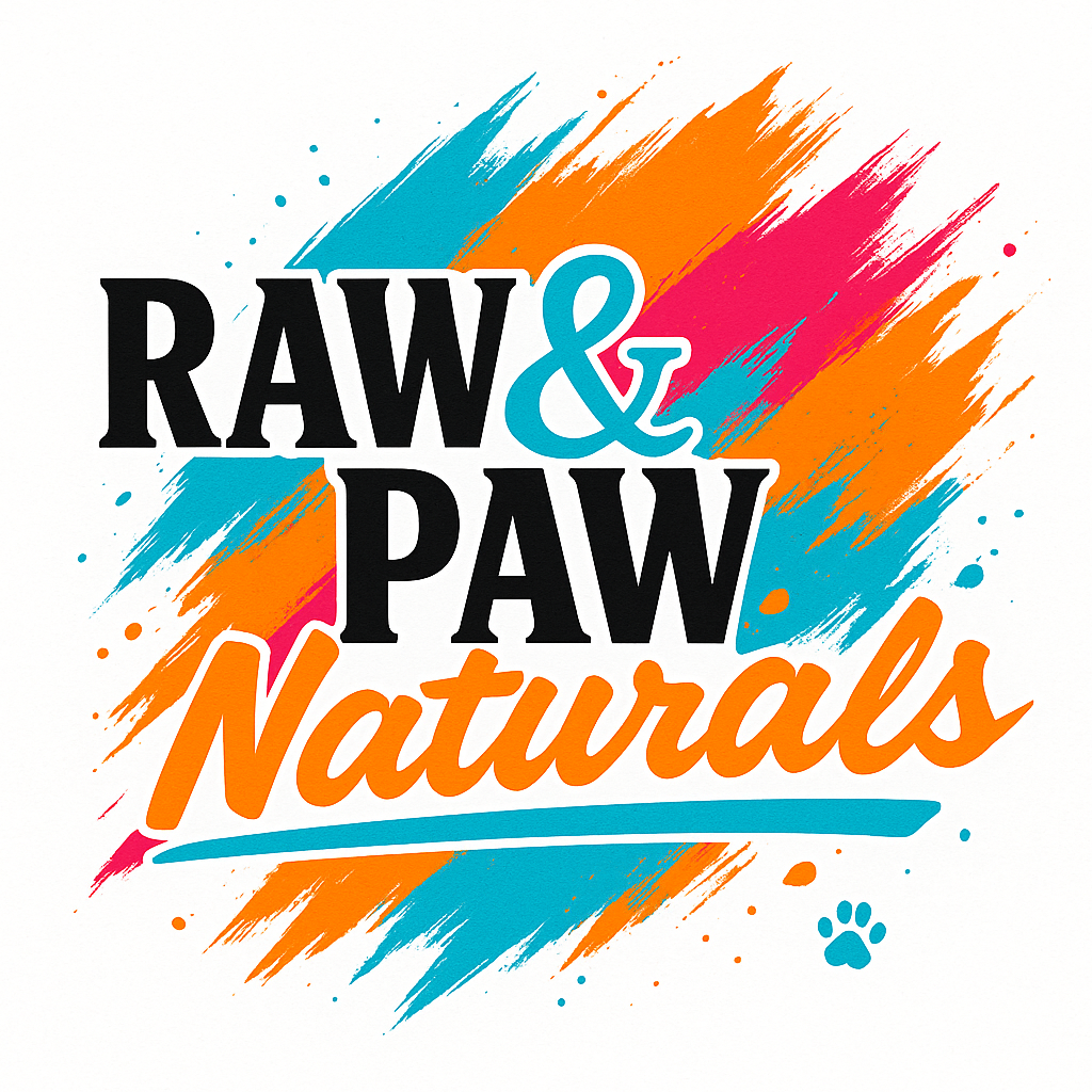 Logo with 'Raw & Paw Naturals' text and colorful abstract designs on a white background.