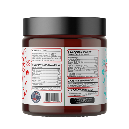 The ingredient and nutritional information panel for The Gentleman's Litter, showing its blend of L-Carnitine, CoQ10, Tribulus, and other key fertility nutrients.