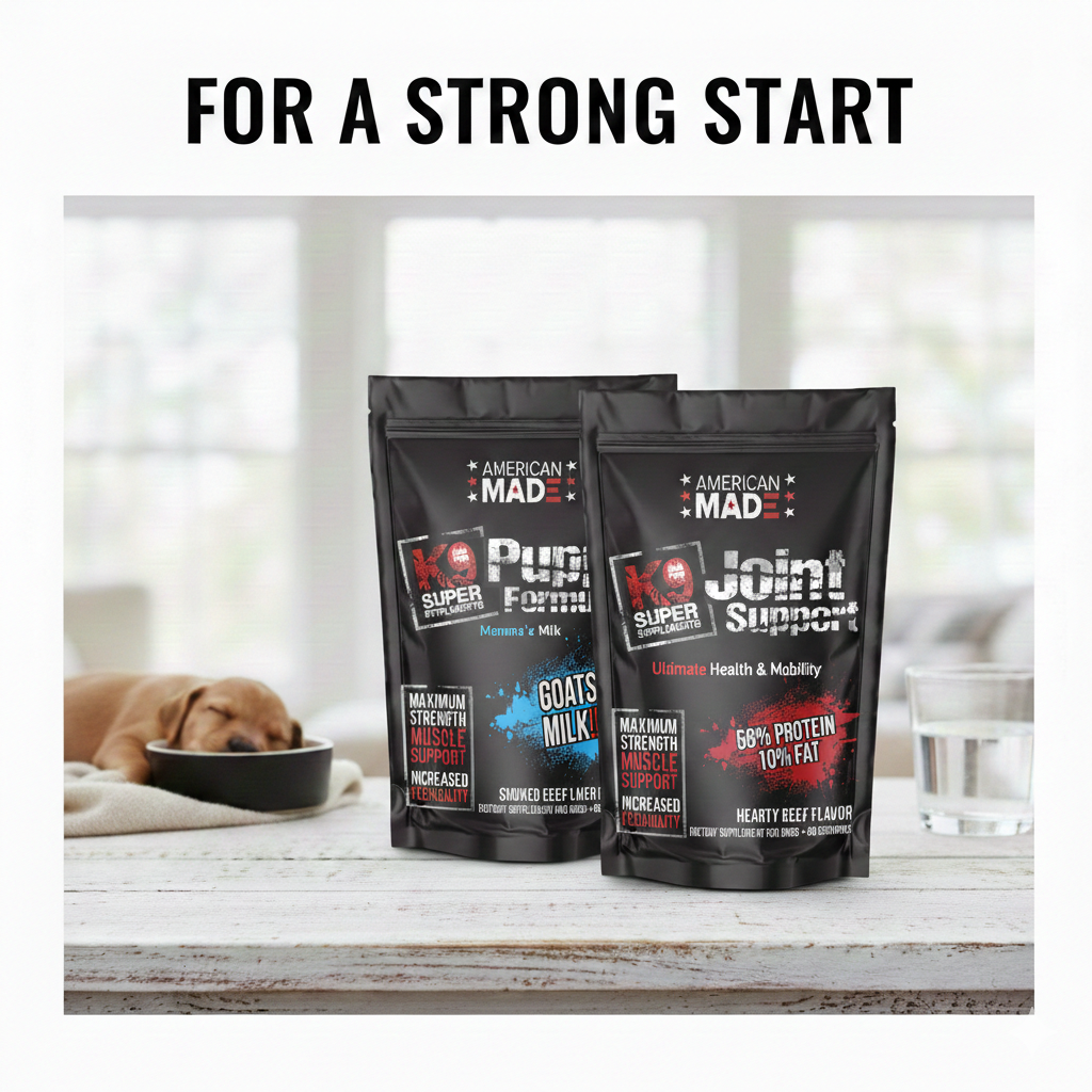 A close-up of Raw and Paw Co's K9 Super Supplements for proactive joint care and for healthy puppy development.