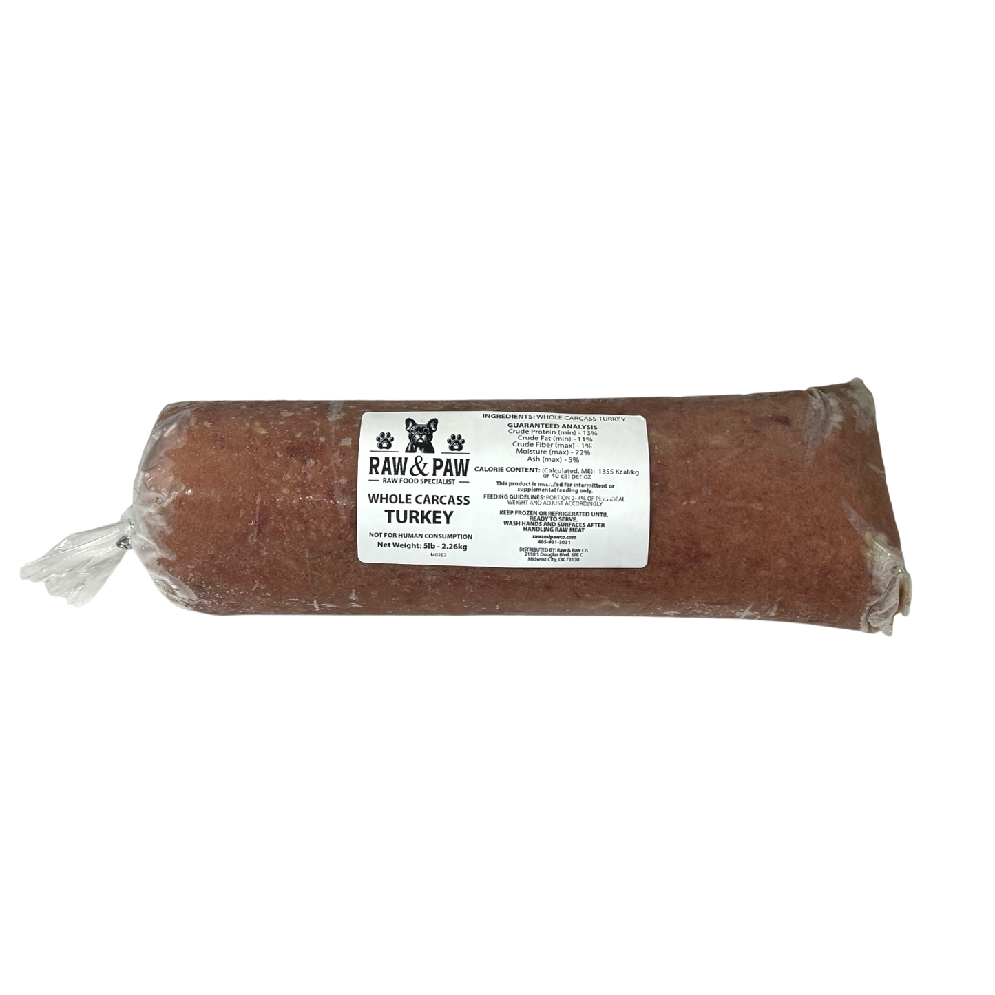 Whole Carcass Turkey - Raw Dog Food Case (5 x 5lb Chubs)