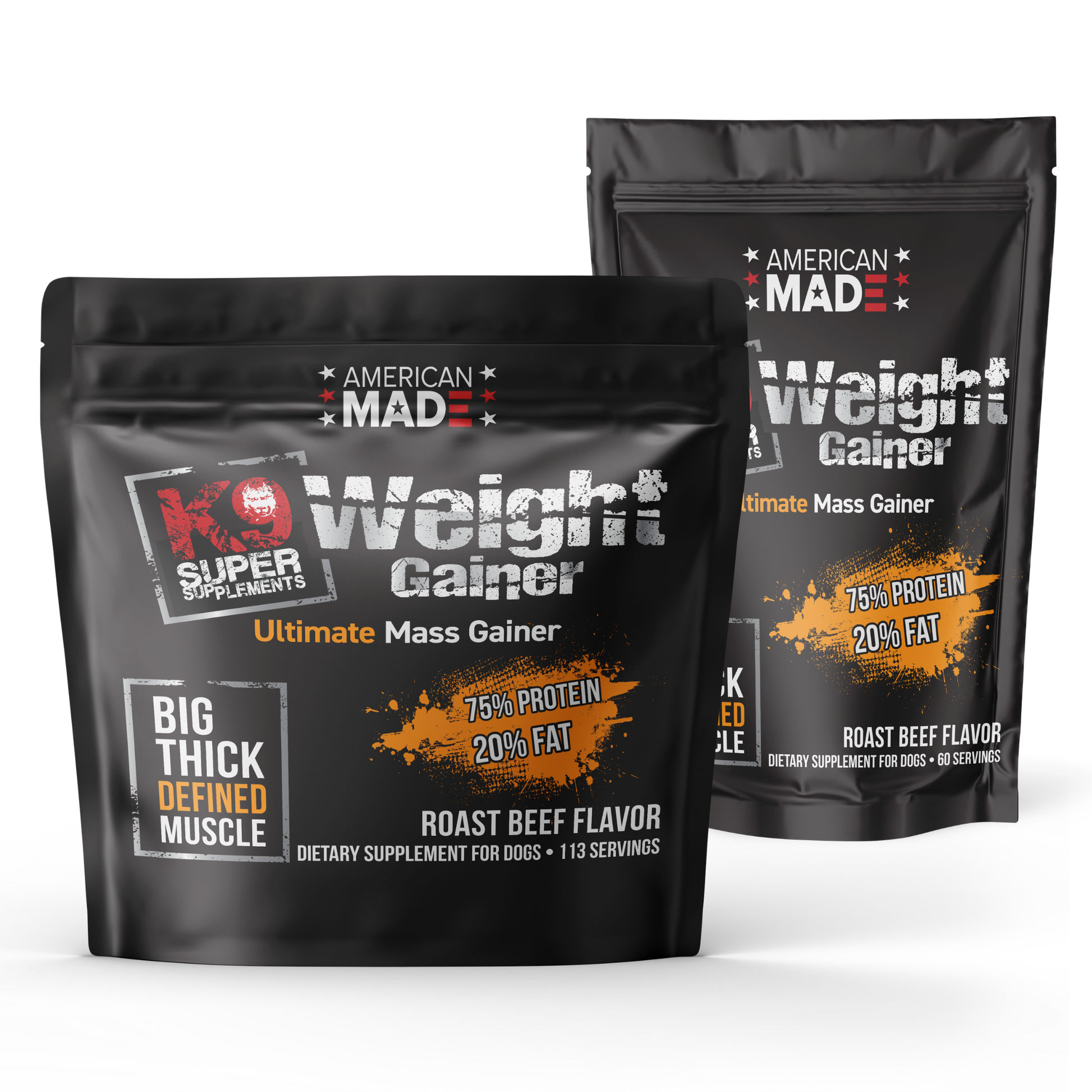 K9 Super Supplements Weight Gainer powder onto a bowl of dog food, demonstrating how easy it is to add to any meal.