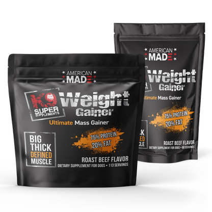 K9 Super Supplements Weight Gainer powder onto a bowl of dog food, demonstrating how easy it is to add to any meal.