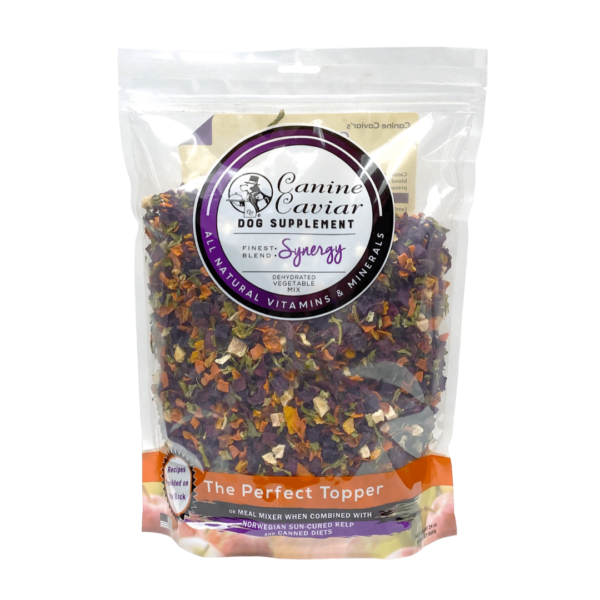 The packaging for Canine Caviar Synergy, a dehydrated vegetable mix for dogs designed to add fiber and nutrients to any diet.