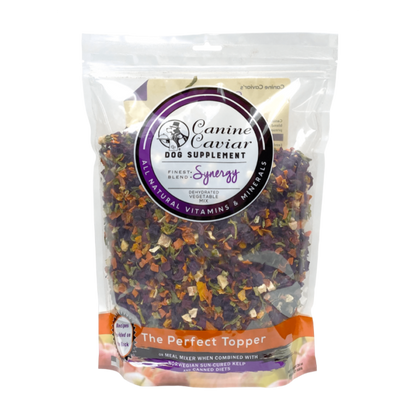 The packaging for Canine Caviar Synergy, a dehydrated vegetable mix for dogs designed to add fiber and nutrients to any diet.