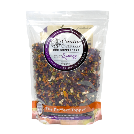 The packaging for Canine Caviar Synergy, a dehydrated vegetable mix for dogs designed to add fiber and nutrients to any diet.