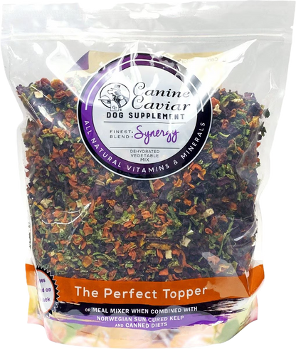 The packaging for Canine Caviar Synergy, a dehydrated vegetable mix for dogs designed to add fiber and nutrients to any diet.