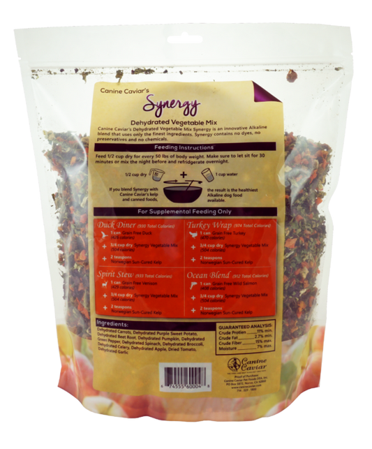 The rehydrated texture of the Canine Caviar Synergy vegetable mix, showing the colorful blend of carrots, sweet potato, spinach, and other vegetables.