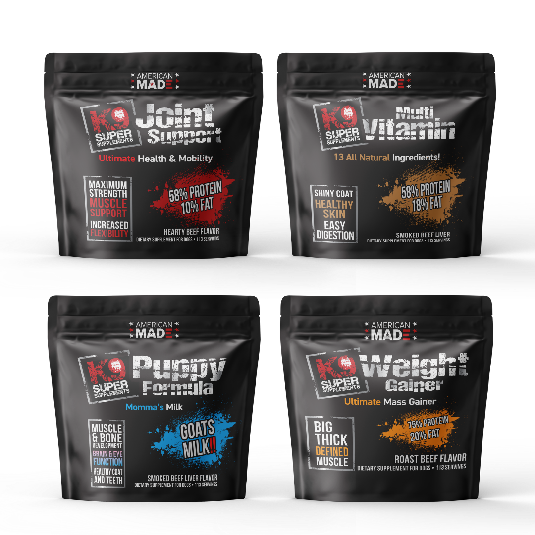 The complete lineup of K9 Super Supplements in their 5lb bulk bags, showing the formulas for Joint Support, Puppy, Weight Gainer, and Multivitamin by Raw and Paw Co.