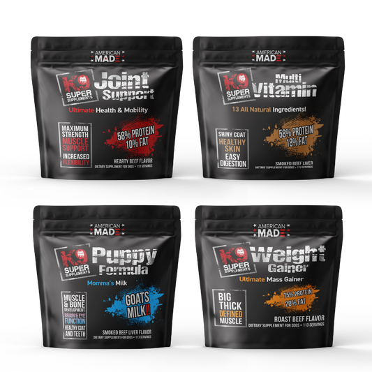 The complete lineup of K9 Super Supplements in their 5lb bulk bags, showing the formulas for Joint Support, Puppy, Weight Gainer, and Multivitamin by Raw and Paw Co.