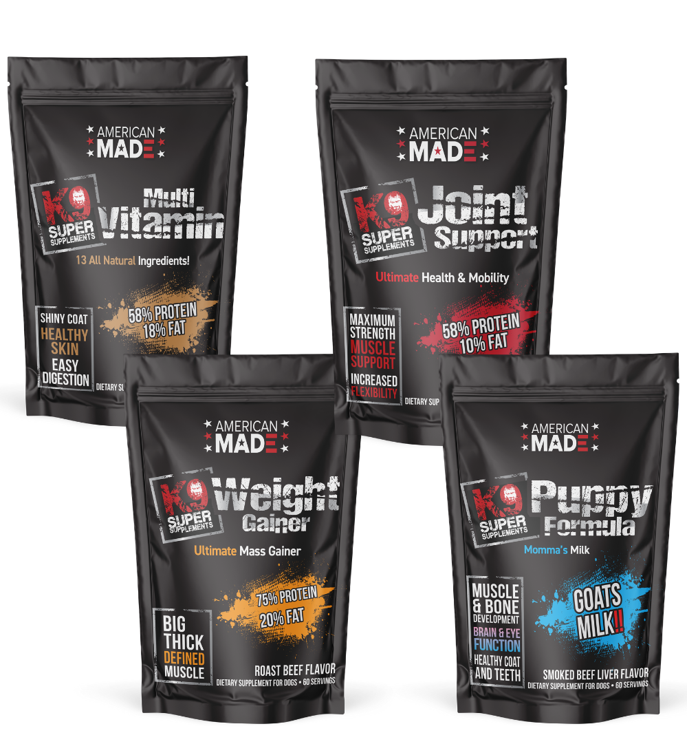 The complete lineup of K9 Super Supplements in their 5lb bulk bags, showing the formulas for Joint Support, Puppy, Weight Gainer, and Multivitamin by Raw and Paw Co.