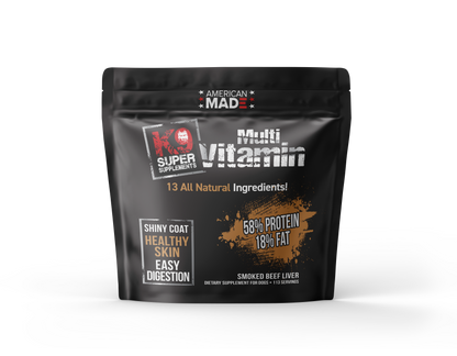 The K9 Super Supplements Daily Multivitamin, a whole-food formula with a smoked beef brisket flavor designed for picky eaters and total wellness.