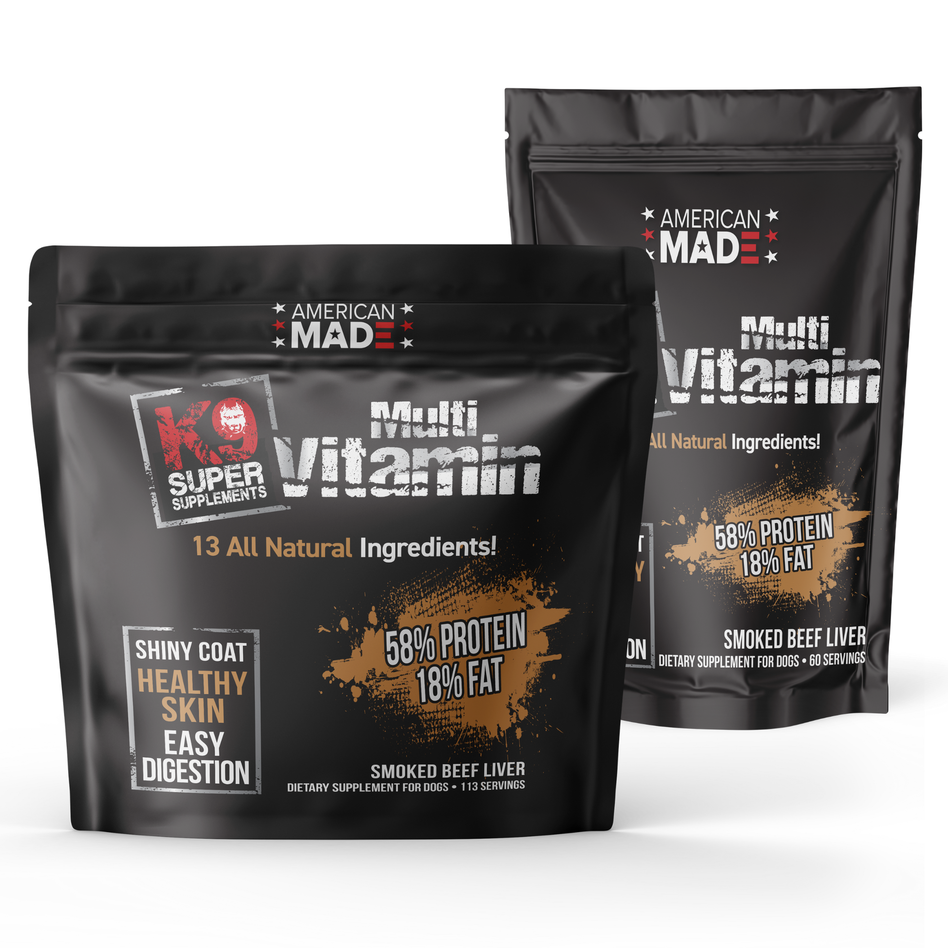 The K9 Super Supplements Daily Multivitamin, a whole-food formula with a smoked beef brisket flavor designed for picky eaters and total wellness.