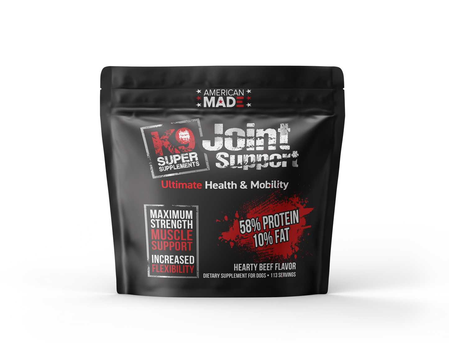 The K9 Super Supplements Joint Support formula, a comprehensive hip and joint supplement for dogs designed to improve mobility and reduce pain.
