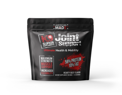 The K9 Super Supplements Joint Support formula, a comprehensive hip and joint supplement for dogs designed to improve mobility and reduce pain.