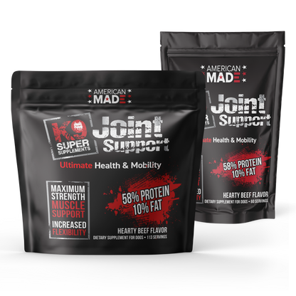 The K9 Super Supplements Joint Support formula, a comprehensive hip and joint supplement for dogs designed to improve mobility and reduce pain.