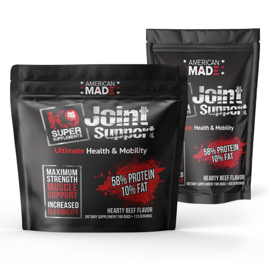 The K9 Super Supplements Joint Support formula, a comprehensive hip and joint supplement for dogs designed to improve mobility and reduce pain.
