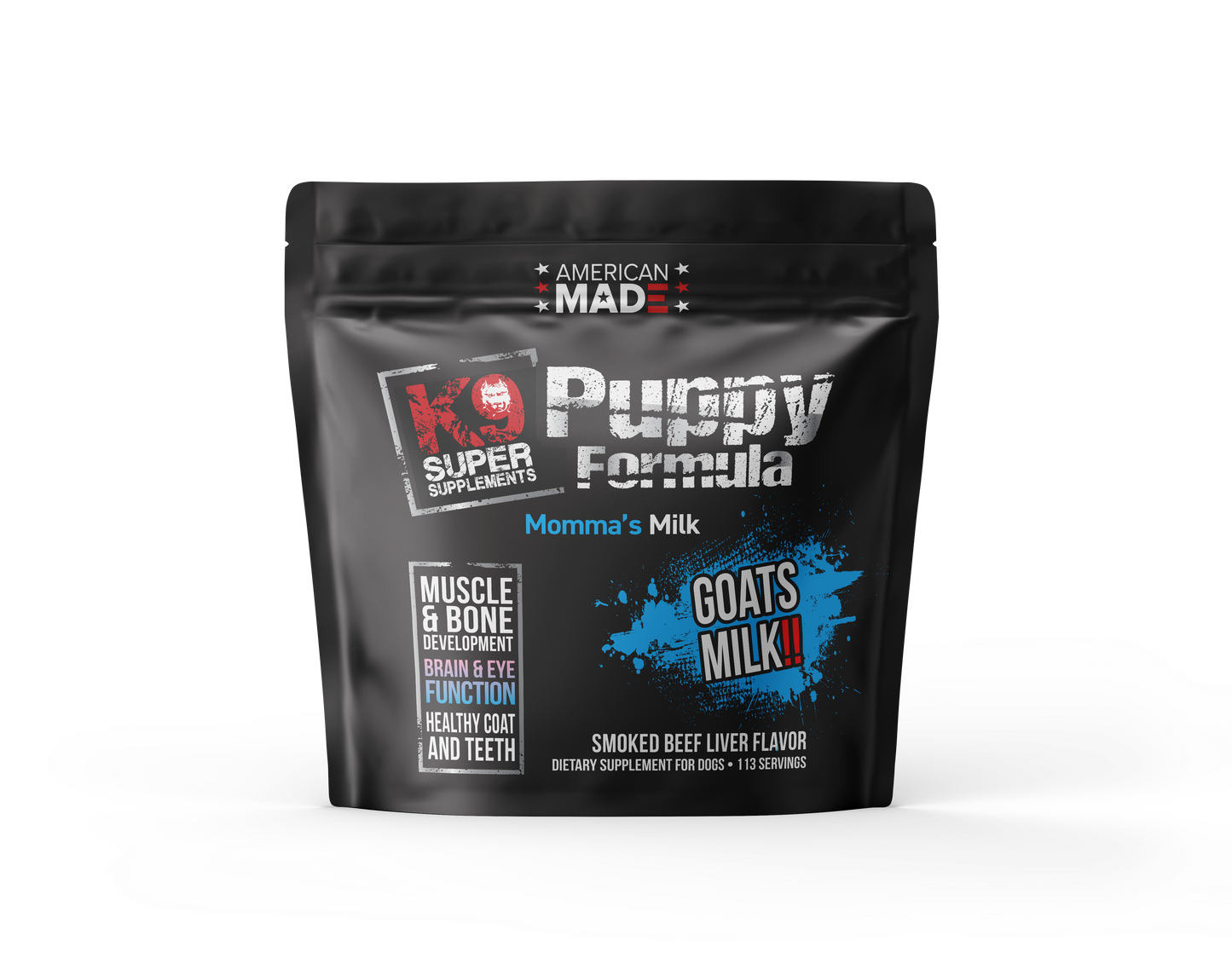 The K9 Super Supplements Puppy Formula, a complete supplement for puppies designed to support healthy growth, immunity, and overall development.
