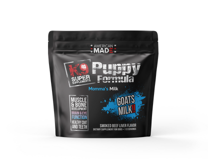 The K9 Super Supplements Puppy Formula, a complete supplement for puppies designed to support healthy growth, immunity, and overall development.
