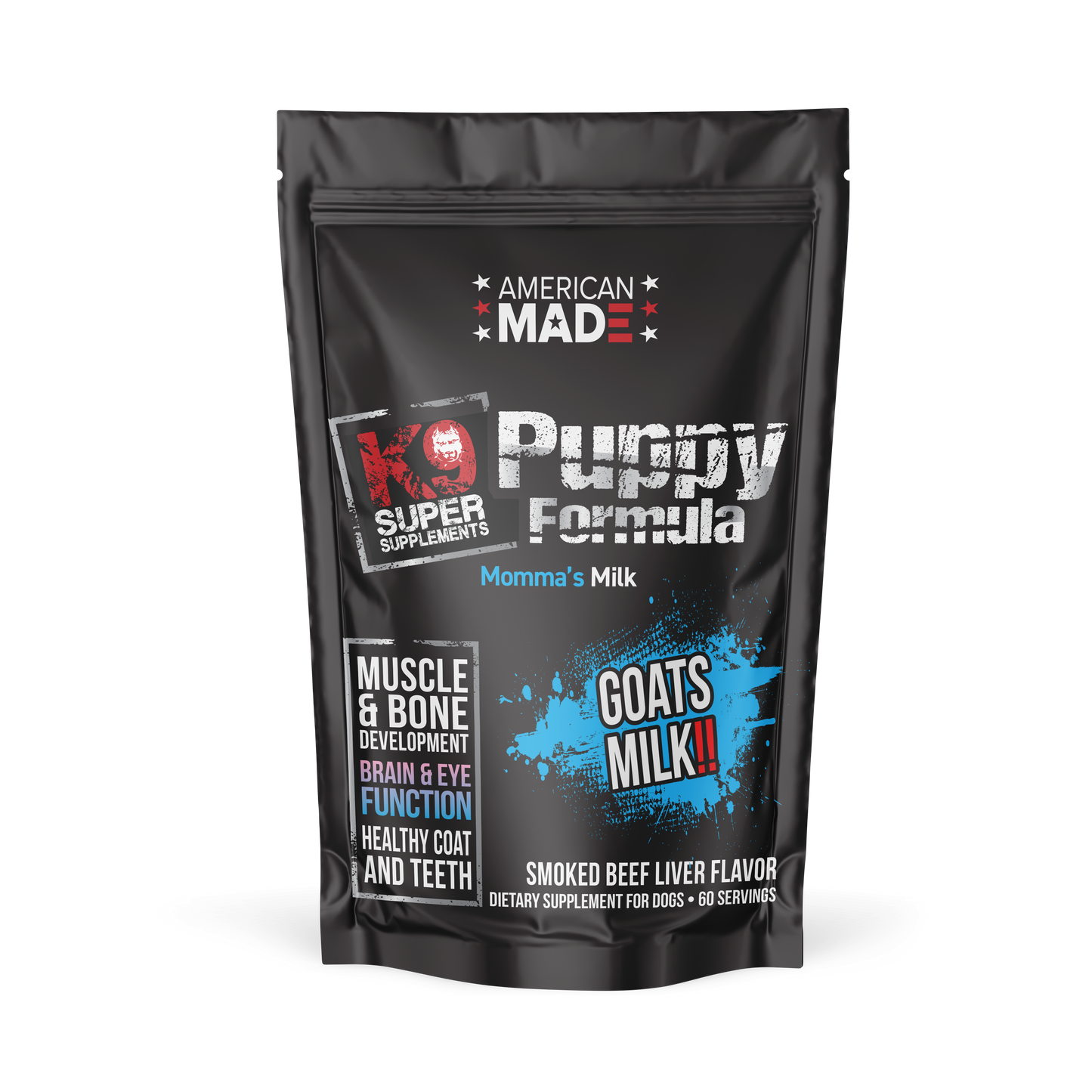 he K9 Super Supplements Puppy Formula, a complete supplement for puppies designed to support healthy growth, immunity, and overall development.