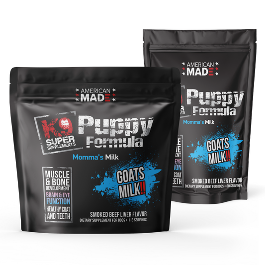 The K9 Super Supplements Puppy Formula, a complete supplement for puppies designed to support healthy growth, immunity, and overall development.