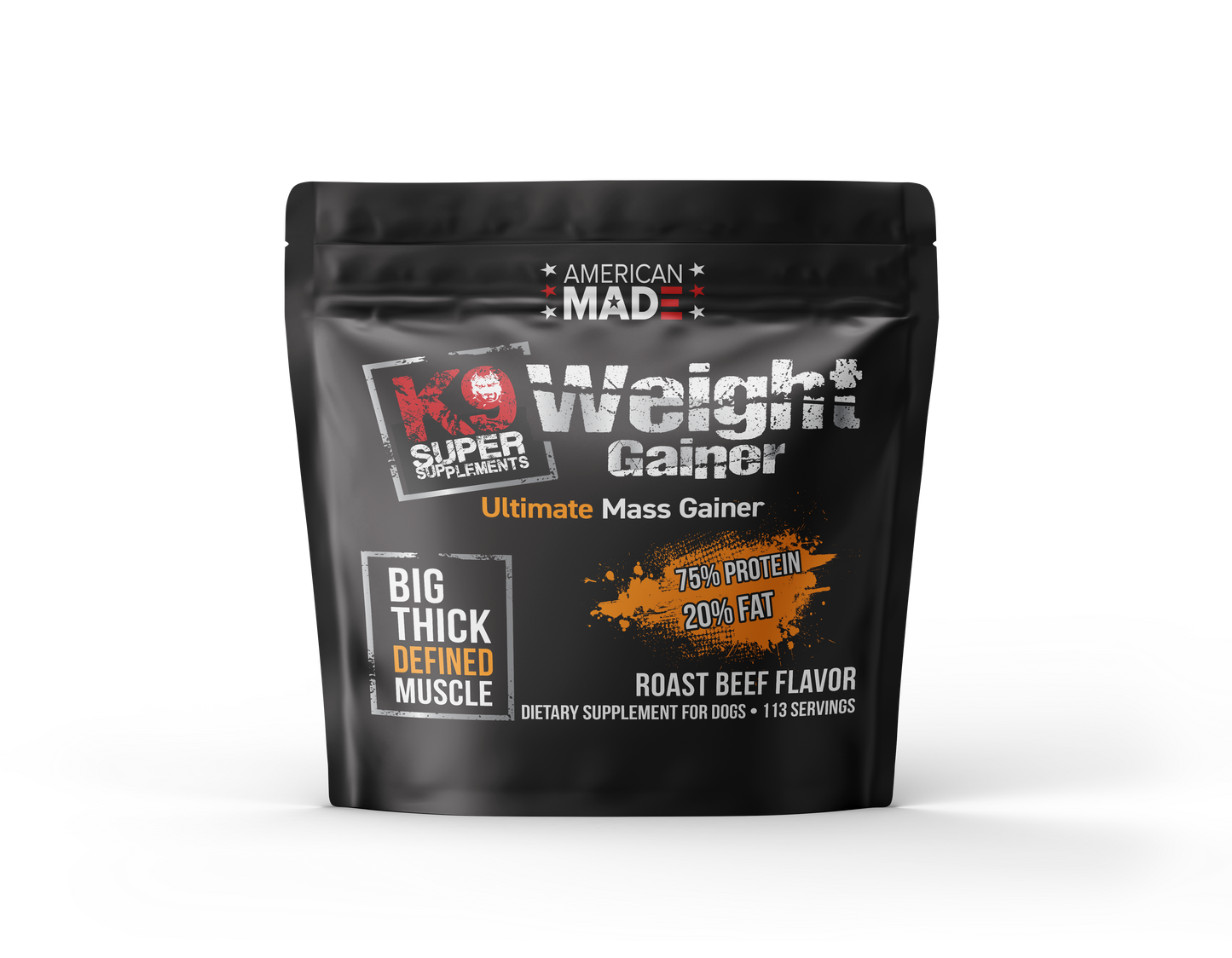 he 5lb bag of K9 Super Supplements Weight Gainer, a high-protein supplement for building muscle in dogs.