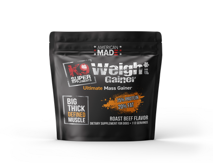 he 5lb bag of K9 Super Supplements Weight Gainer, a high-protein supplement for building muscle in dogs.