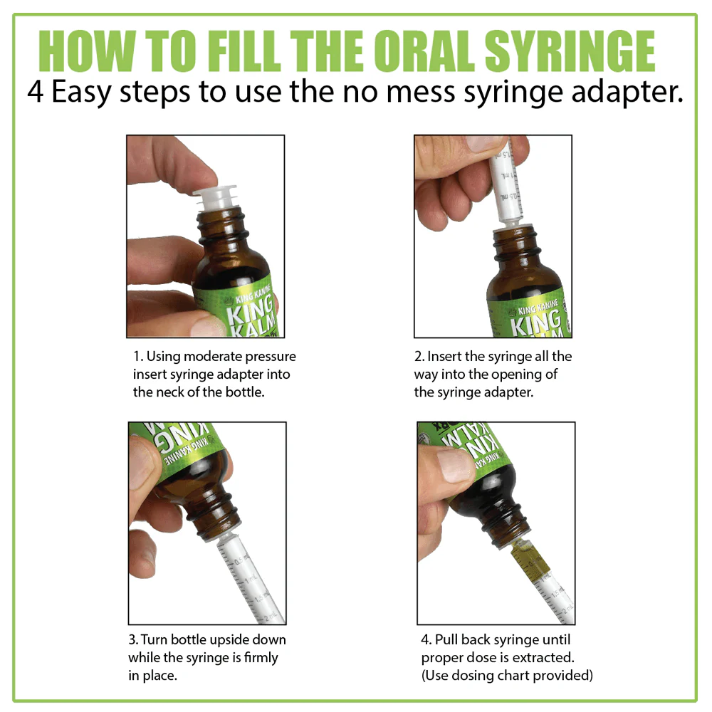 Instructions on how to fill an oral syringe with a no mess syringe adapter, showing four steps.