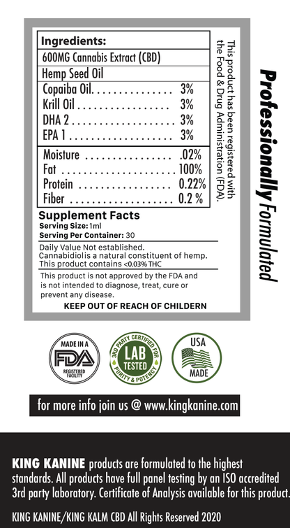 Supplement label for King Kanine CBD product with ingredients and supplement facts.