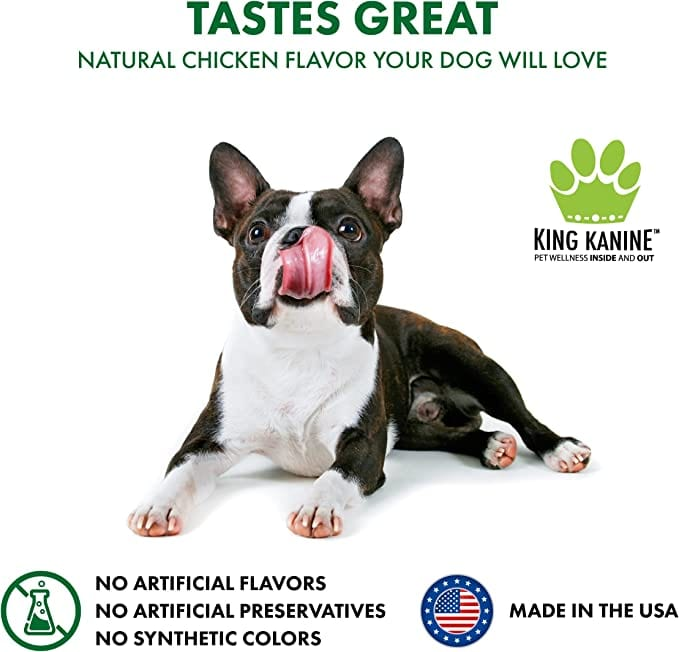 Dog with a happy expression on a white background, promoting King Kanine pet food.