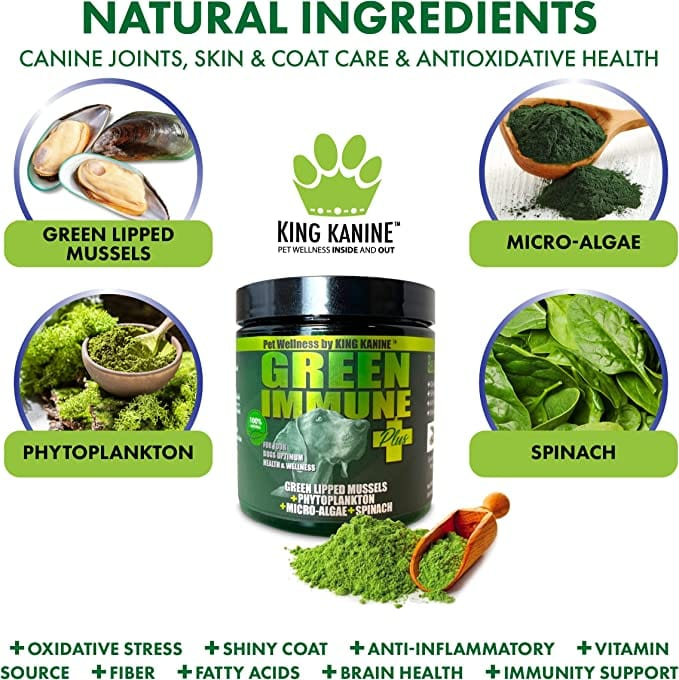 King Kanine Green Immune Plus supplement with natural ingredients and health benefits listed.