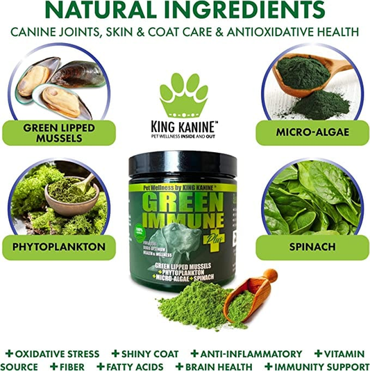 King Kanine Green Immune Plus supplement with natural ingredients and health benefits listed.
