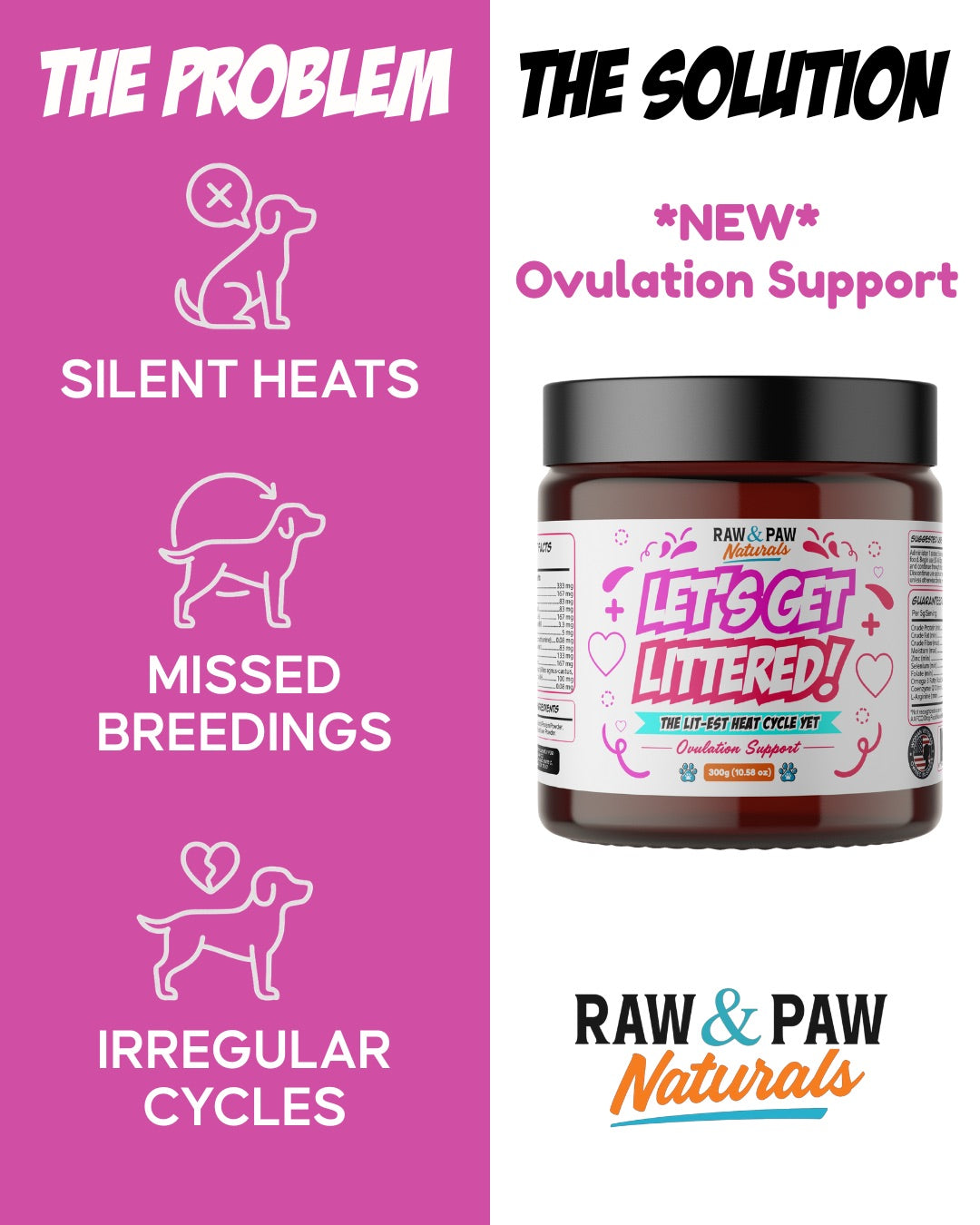 The bottle of Let's Get Littered, a premium fertility and ovulation support supplement for female dogs designed to regulate heat cycles and improve conception rates.