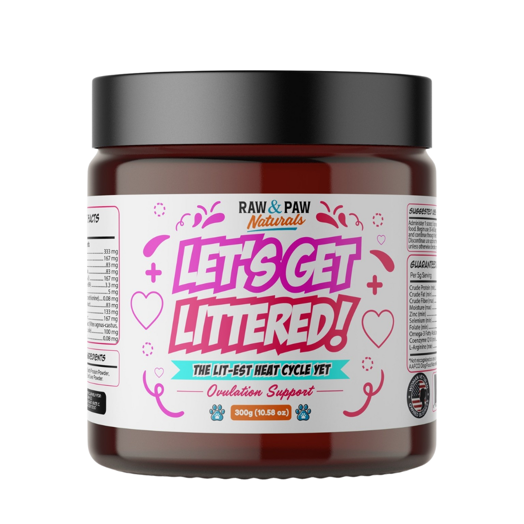The bottle of Let's Get Littered, a premium fertility and ovulation support supplement for female dogs designed to regulate heat cycles and improve conception rates.