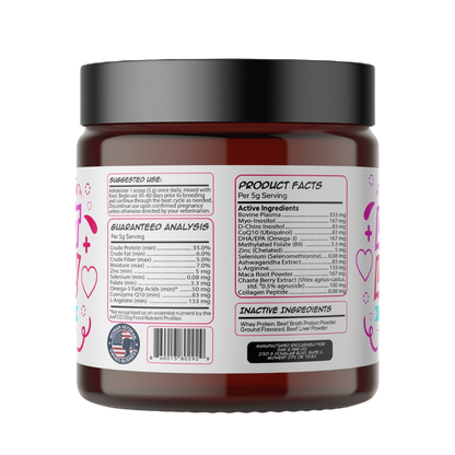 The ingredient and nutritional information panel for Let's Get Littered, showing its blend of Myo-Inositol, Vitex, CoQ10, and other key nutrients for female dog fertility.