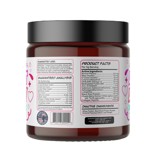 The ingredient and nutritional information panel for Let's Get Littered, showing its blend of Myo-Inositol, Vitex, CoQ10, and other key nutrients for female dog fertility.