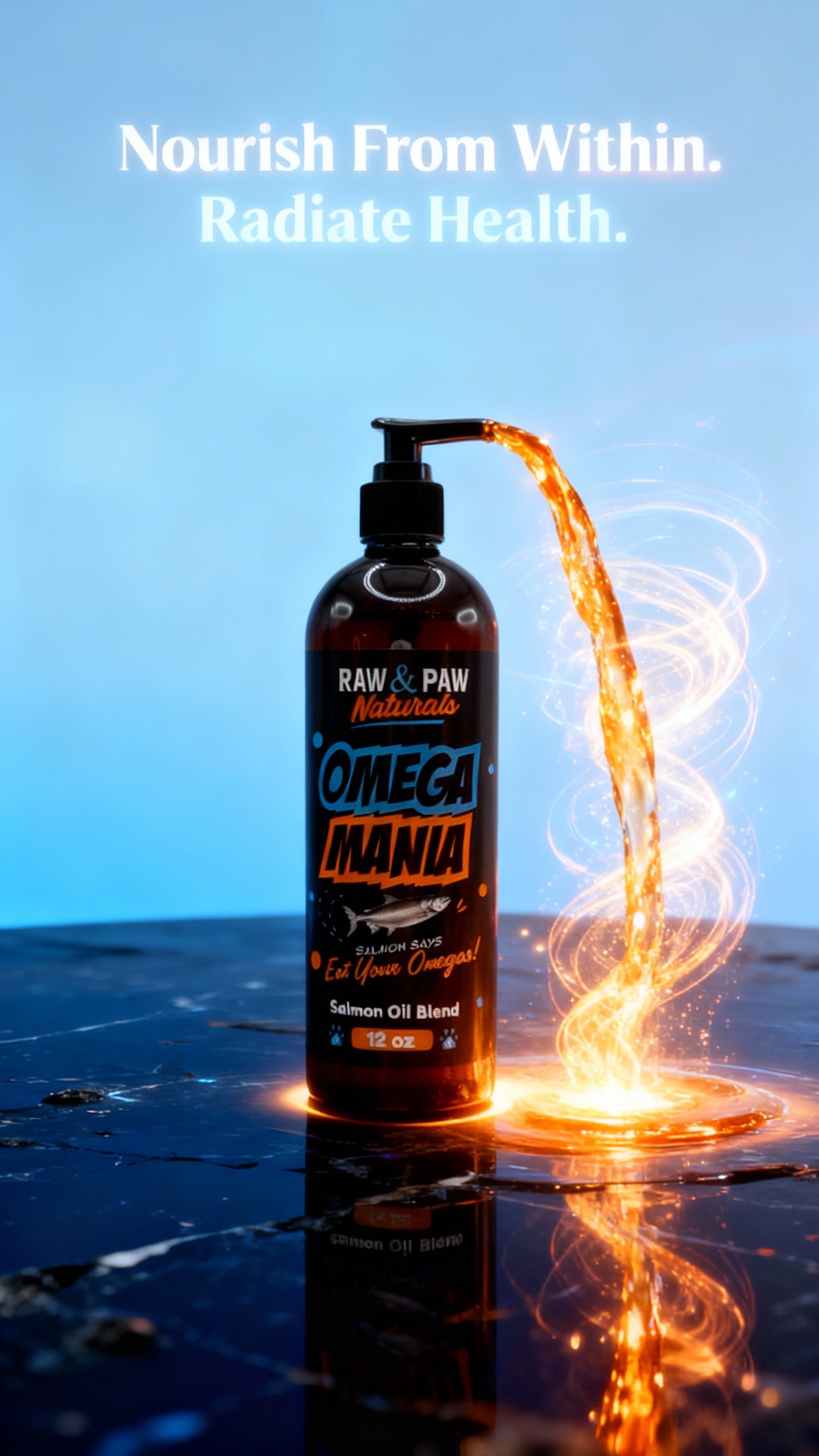A bottle of Omega Mania, a powerful fish oil blend supplement for dogs by Raw and Paw Co, designed to improve skin, coat, and joint health.