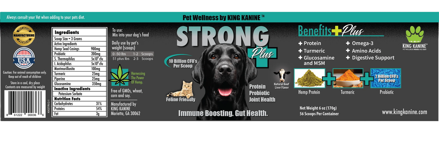 King Kanine Strong Plus pet supplement label with a black dog and ingredients list.