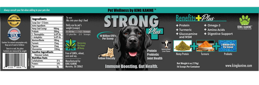 King Kanine Strong Plus pet supplement label with a black dog and ingredients list.