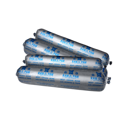 A frozen chub of Raw & Paw Naturals' Beef with Herring raw dog food blend, showing its whole-food ingredients before thawing.