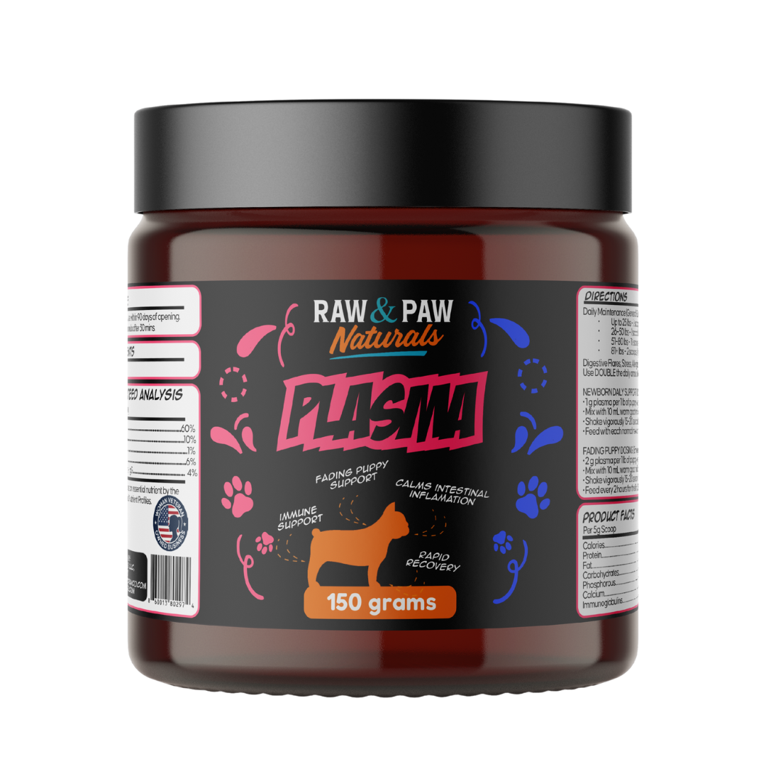The 150g tub of Plasma, a premium bovine plasma supplement for dogs providing daily support for gut health, immunity, and recovery.