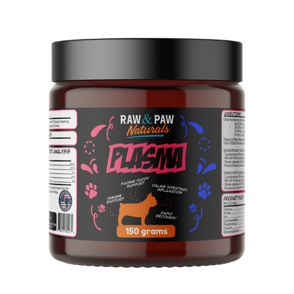 The 150g tub of Plasma, a premium bovine plasma supplement for dogs providing daily support for gut health, immunity, and recovery.