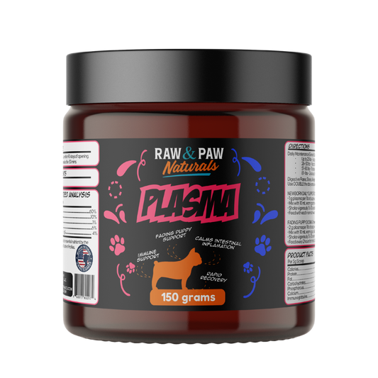 The 150g tub of Plasma, a premium bovine plasma supplement for dogs providing daily support for gut health, immunity, and recovery.