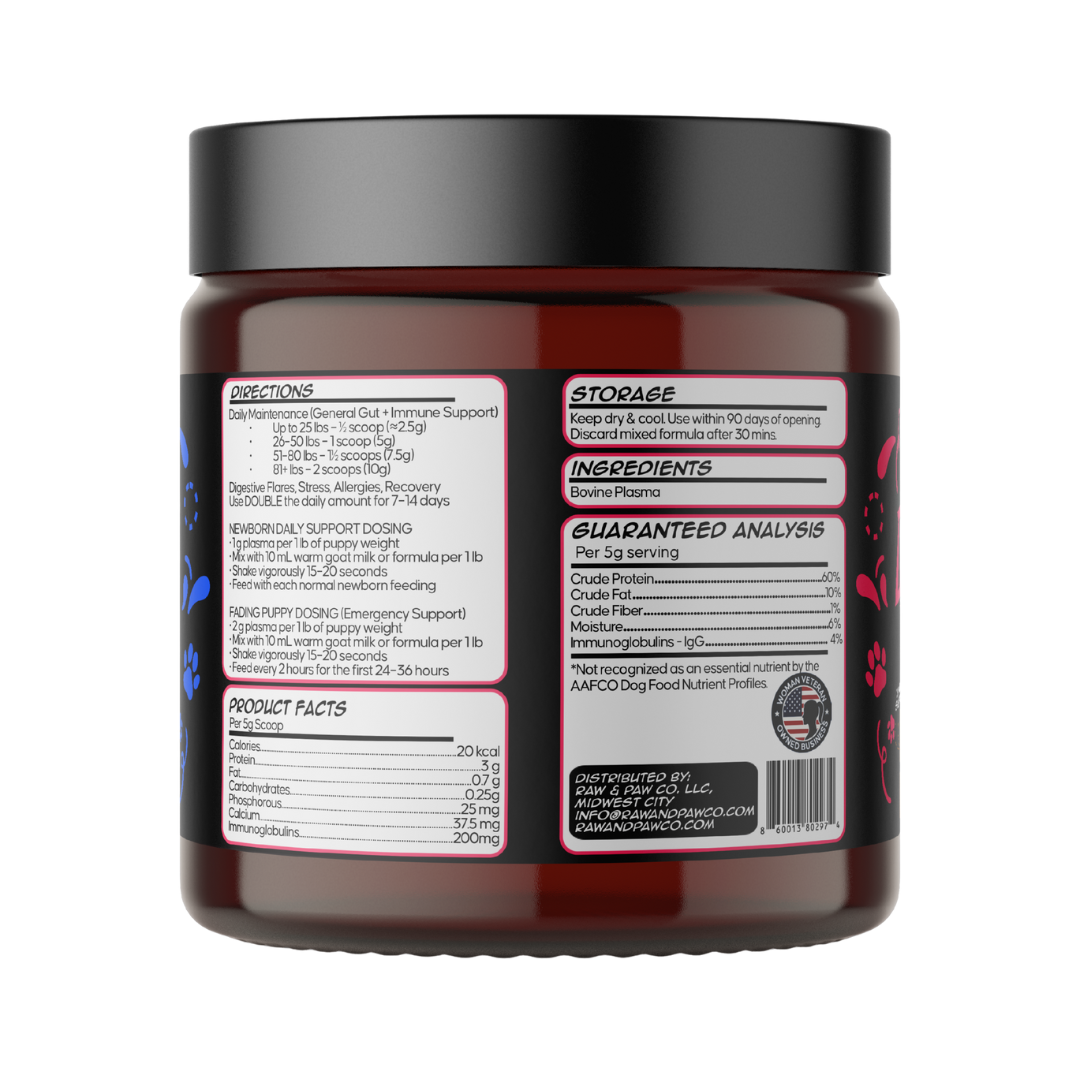 he nutritional information and guaranteed analysis panel for Plasma, detailing its premium bovine plasma source and active compounds.