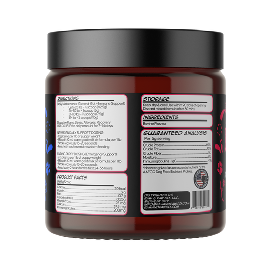he nutritional information and guaranteed analysis panel for Plasma, detailing its premium bovine plasma source and active compounds.